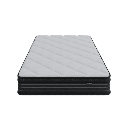 Luxo Iris double firm mattress with 25cm foam pillow top, diagonal quilted white top, black striped side panel with brand