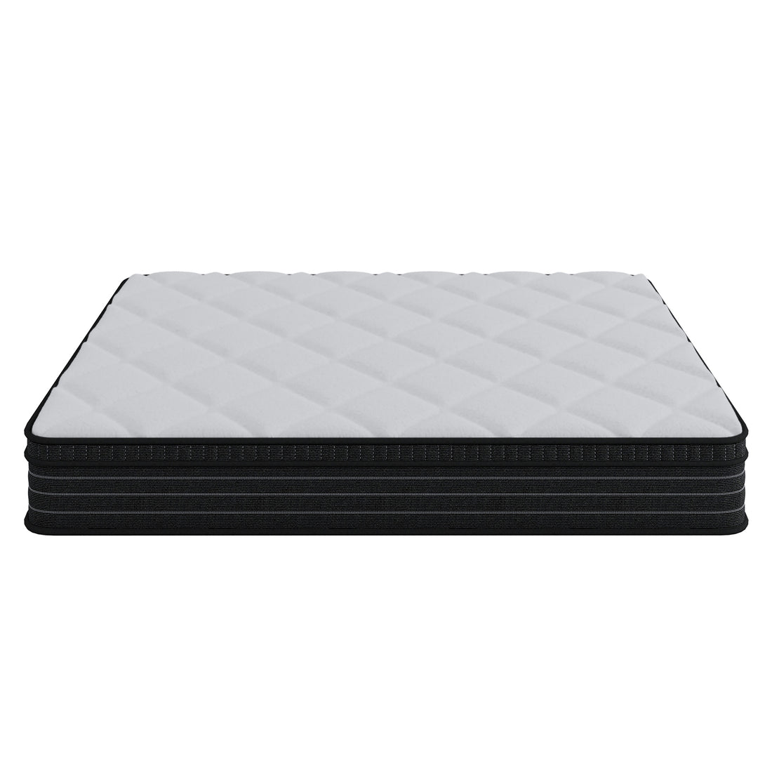 Iris Double Firm 25cm foam pillow top pocket spring mattress with white quilted top and black base, side view