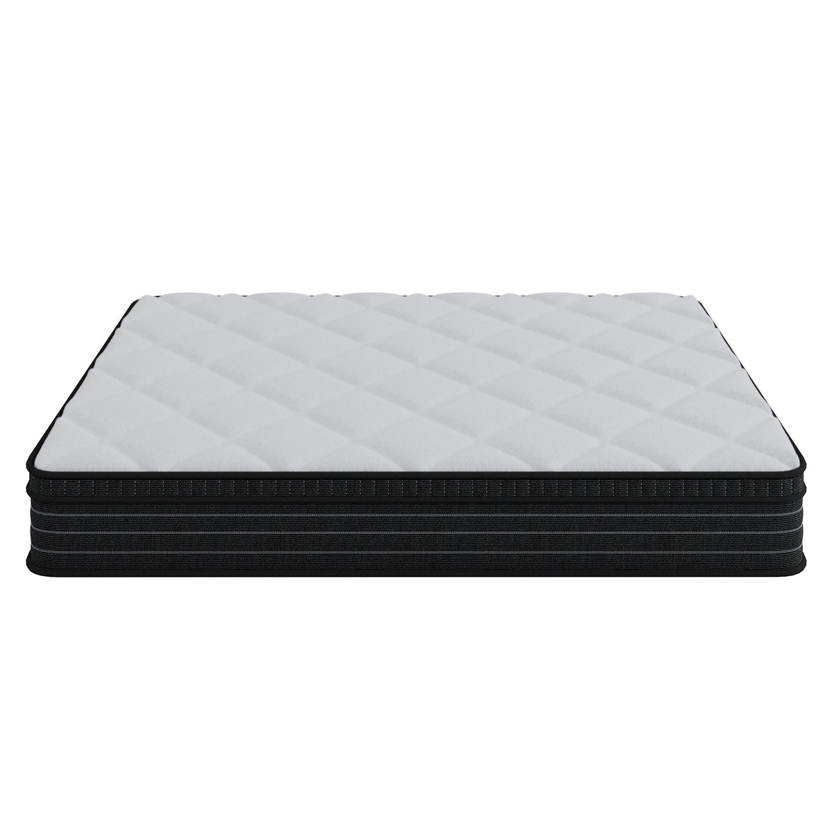 Iris Double Firm 25cm foam pillow top pocket spring mattress with white quilted top and black base, side view