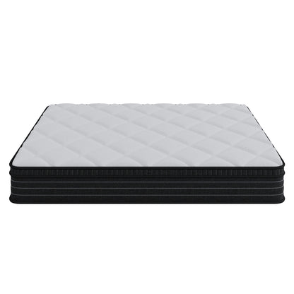Iris Double Firm 25cm foam pillow top pocket spring mattress with white quilted top and black base, side view