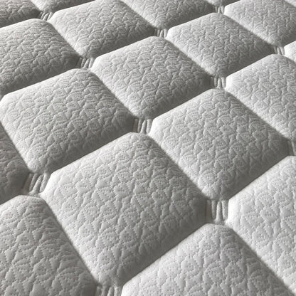 Close-up of quilted pillow top surface on Iris Double Firm mattress showing tufted pattern and textured fabric