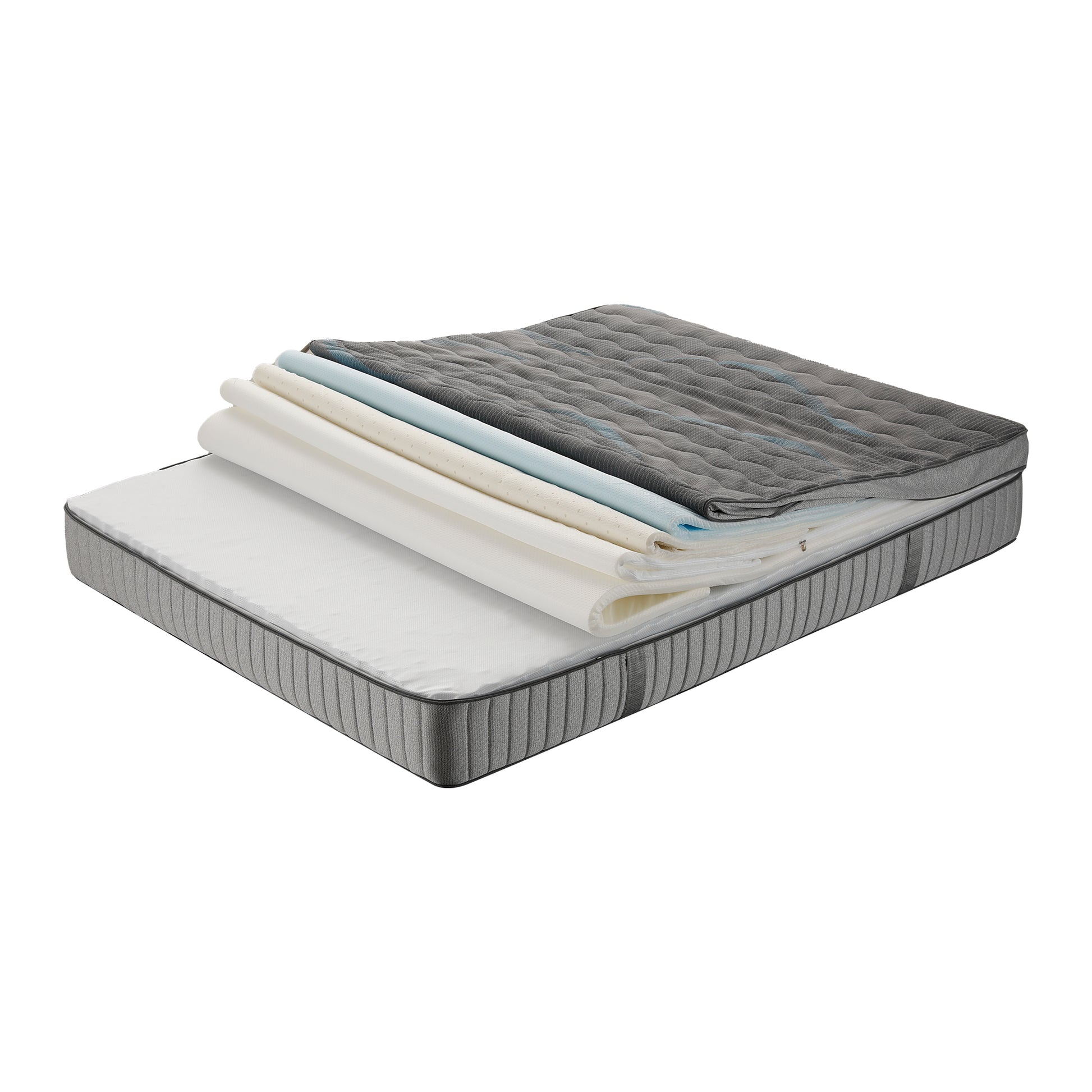 Karina adjustable firmness latex mattress with layers exposed, showing grey quilted top and internal foam layers on white