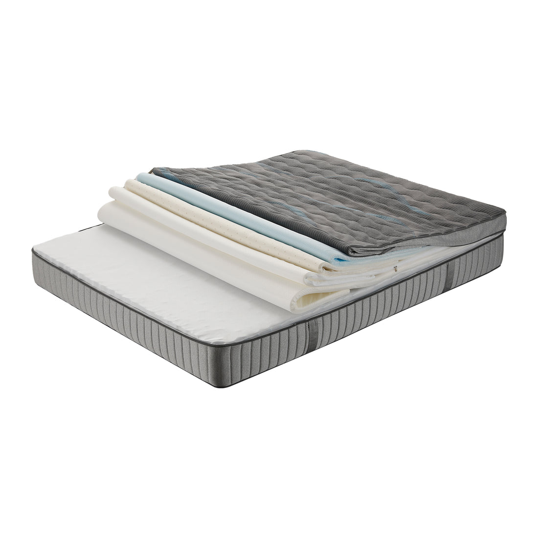 Queen latex mattress with adjustable firmness layers partially unrolled to show internal foam construction, grey quilted top