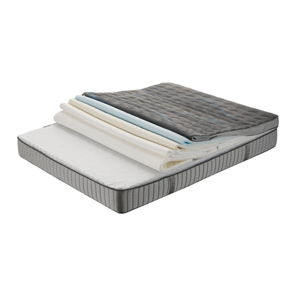 Queen latex mattress with adjustable firmness layers partially unrolled to show internal foam construction, grey quilted top