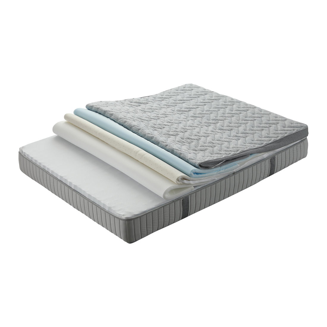 Layla queen mattress with exposed latex foam layers and quilted top cover on white background