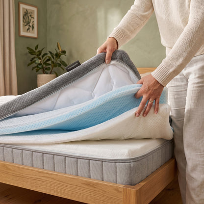 Layla latex mattress with adjustable firmness layers being lifted to show internal blue and white foam construction on wooden