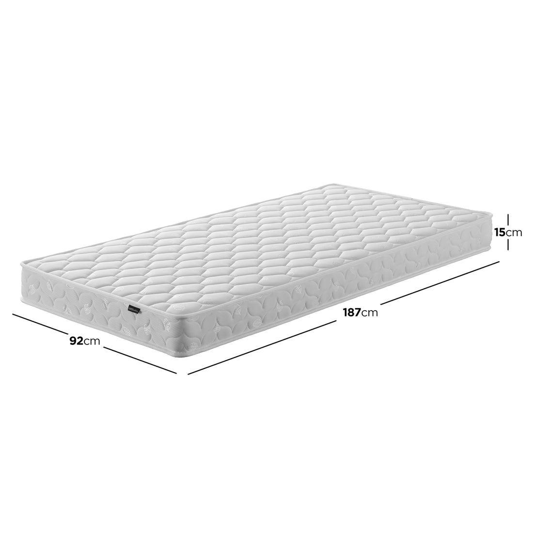 Momo Solid Pine Loft Bed with Thermis Mattress in white, featuring a low black upholstered base, quilted cover, and dimensions: 187 cm length, 92 cm width, 15 cm height.