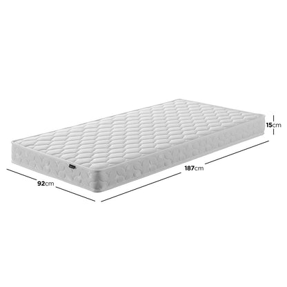 Momo Solid Pine Loft Bed with Thermis Mattress in white, featuring a low black upholstered base, quilted cover, and dimensions: 187 cm length, 92 cm width, 15 cm height.