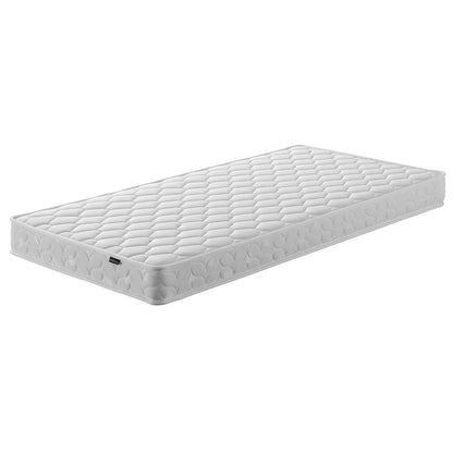 Momo Solid Pine Loft Bed with Thermis Mattress - White; single-size, quilted mattress with light beige cover, part of a loft bed setup emphasizing space optimization and safety for children's rooms.