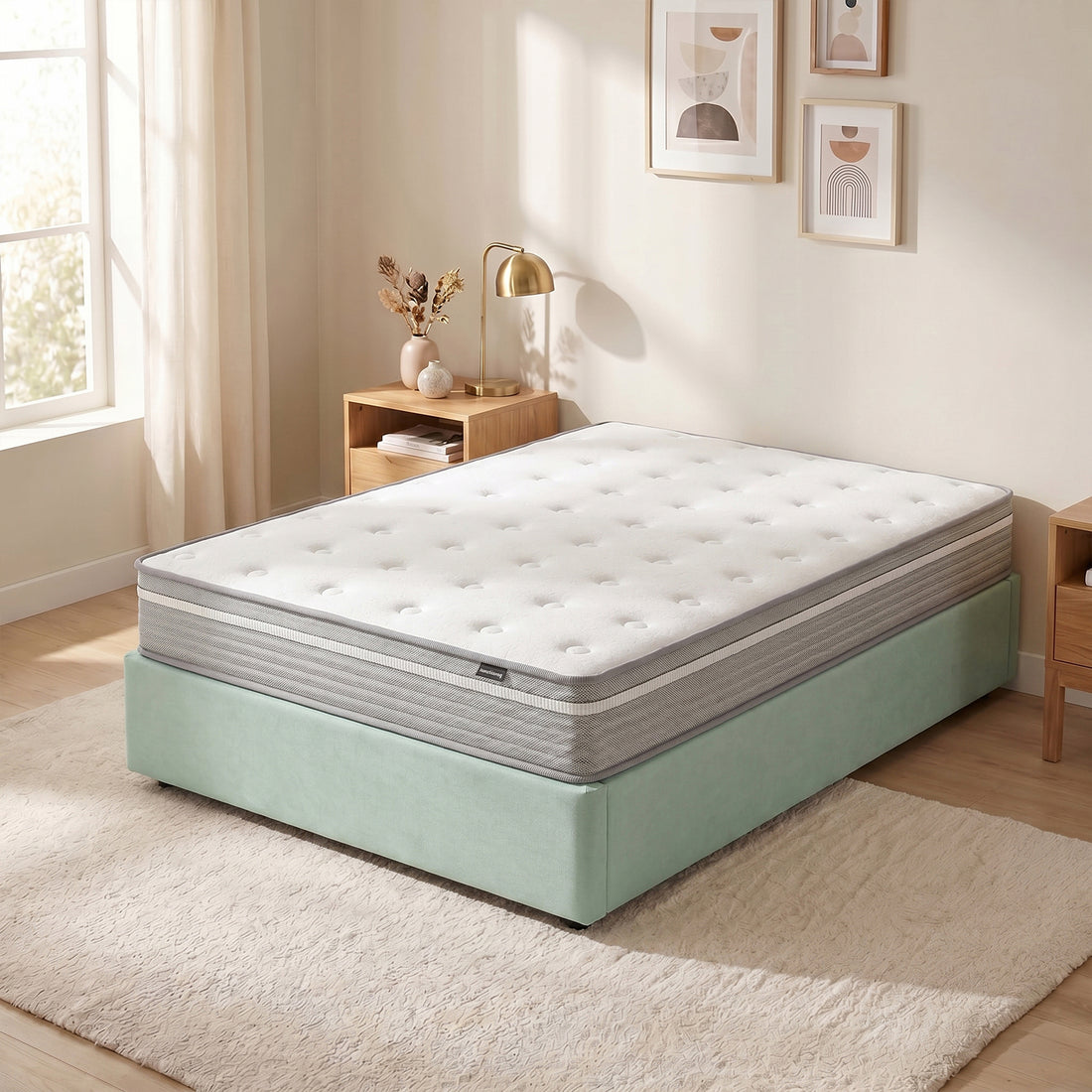 Oriona Double 25cm Cool Gel Memory Foam Mattress with white quilted top and grey sides on a mint upholstered bed base in a