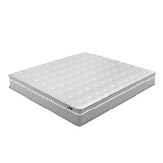 Oriona King 25cm Pocket Spring Gel Mattress in Medium Firm, featuring a white quilted top with tufted indentations and gray zippered side panel, showcasing cooling gel memory foam and 5-zone support.
