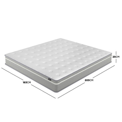 Oriona King 25cm Pocket Spring Gel Mattress in Medium Firm, featuring a tufted white top and gray side panels, dimensions 203x183x25 cm, designed for optimal cooling and personalized support.