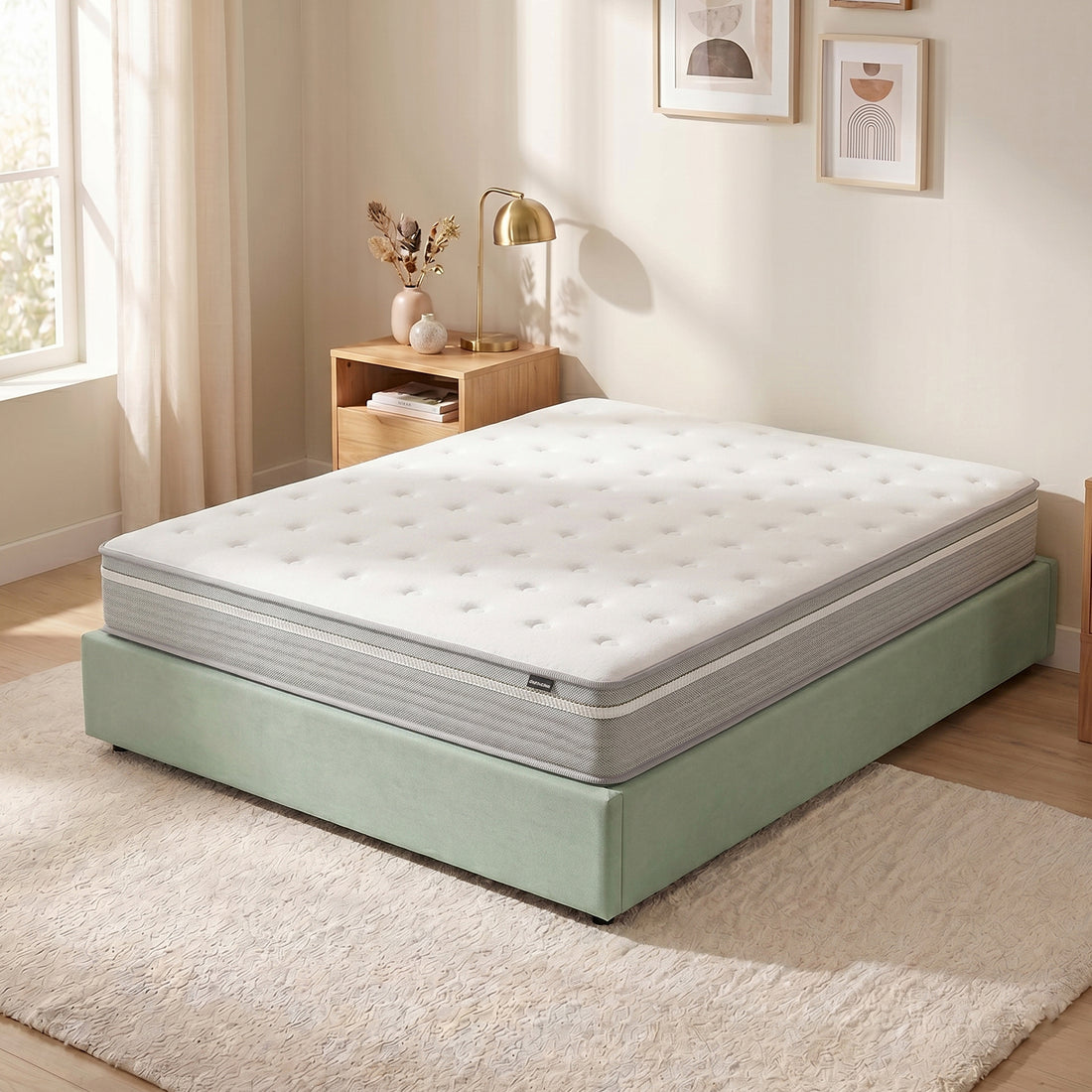 Oriona King 25cm Cool Gel Memory Foam Mattress in Medium Firm with white quilted tufted top and grey zippered side panel on a