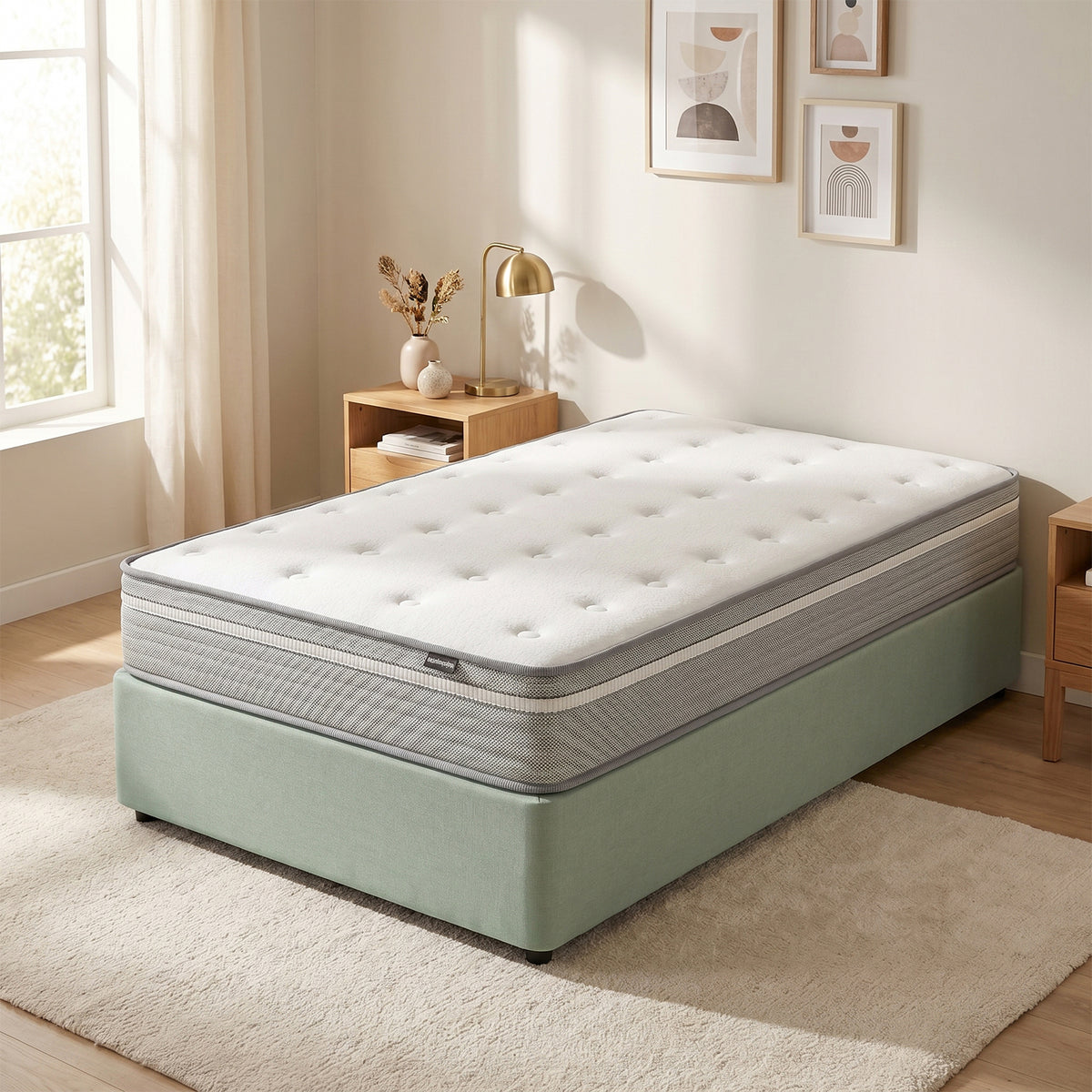 Oriona Single 25cm Pocket Spring Gel Mattress in Medium Firm on a mint green upholstered base, featuring a white quilted top