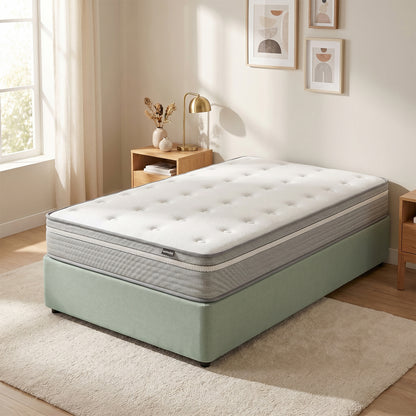 Oriona Single 25cm Pocket Spring Gel Mattress in Medium Firm on a mint green upholstered base, featuring a white quilted top