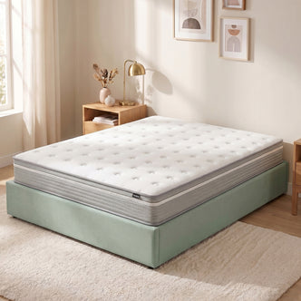 Oriona Super King 25cm Cool Gel Memory Foam Mattress with white tufted top and grey side panels on a sage green upholstered