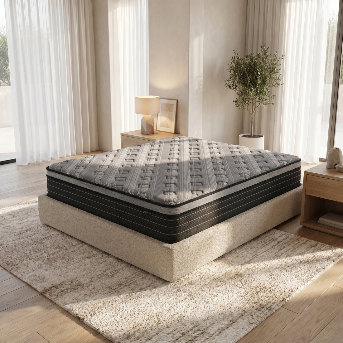 Phoebe Queen 33cm Euro Pillow Top Pocket Spring Mattress with quilted grey patterned top and black base on cream upholstered