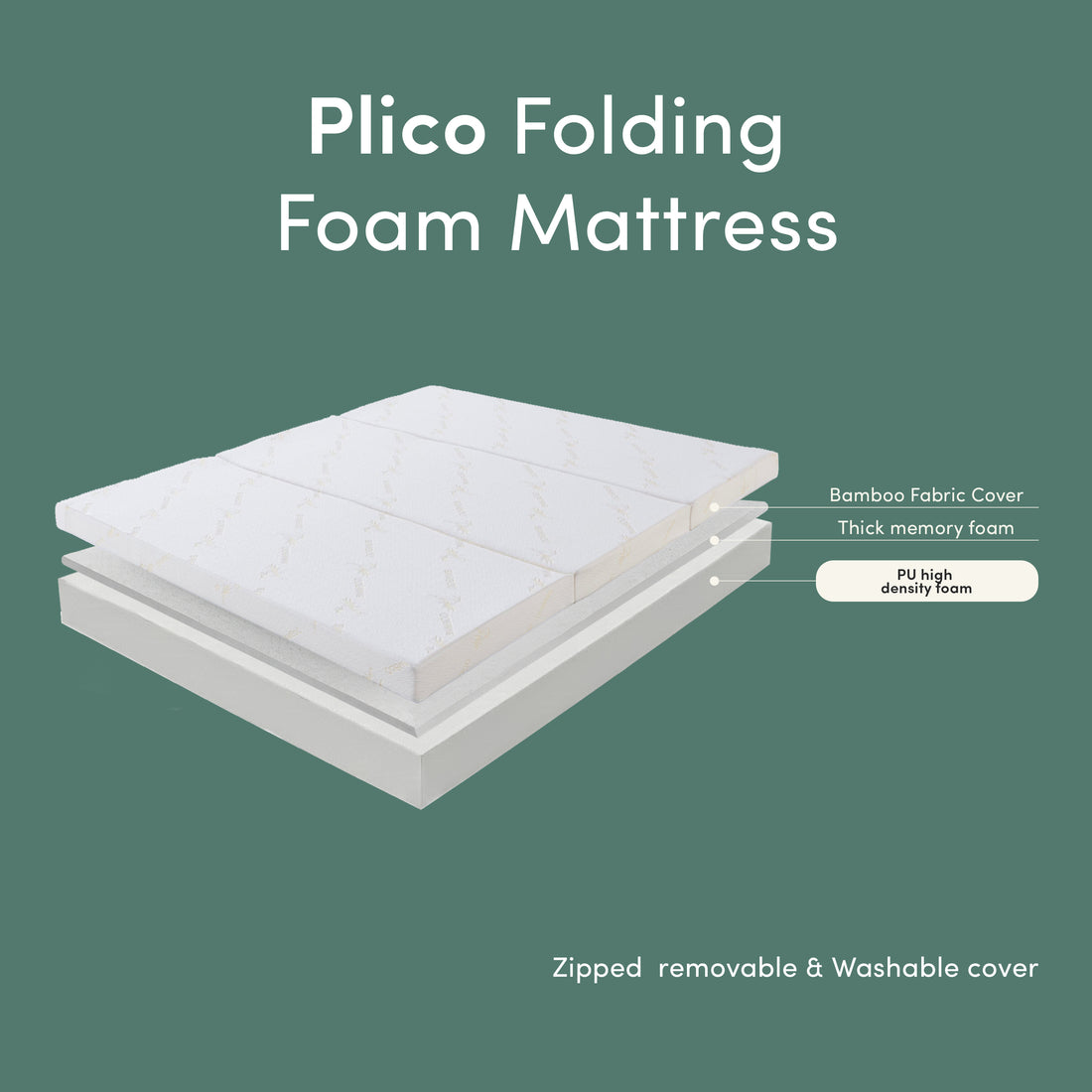 Plico Folding Foam Mattress with bamboo fabric cover, thick memory foam and PU high density foam layers, featuring a zipped