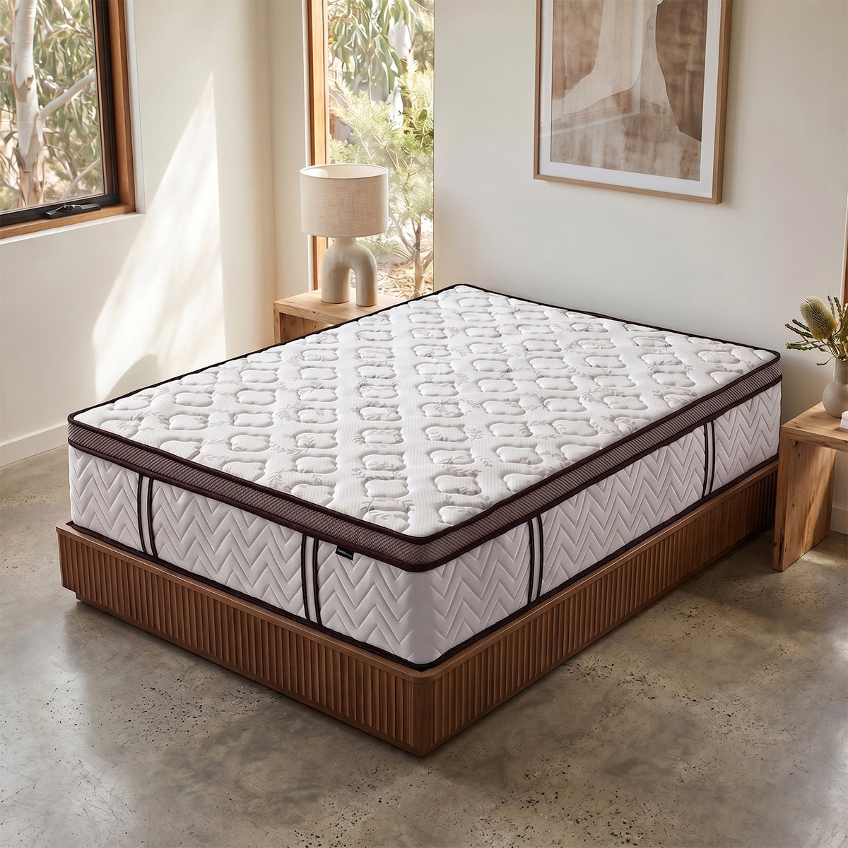 Selene Euro Top latex mattress with quilted white top and brown trim on wooden bed base