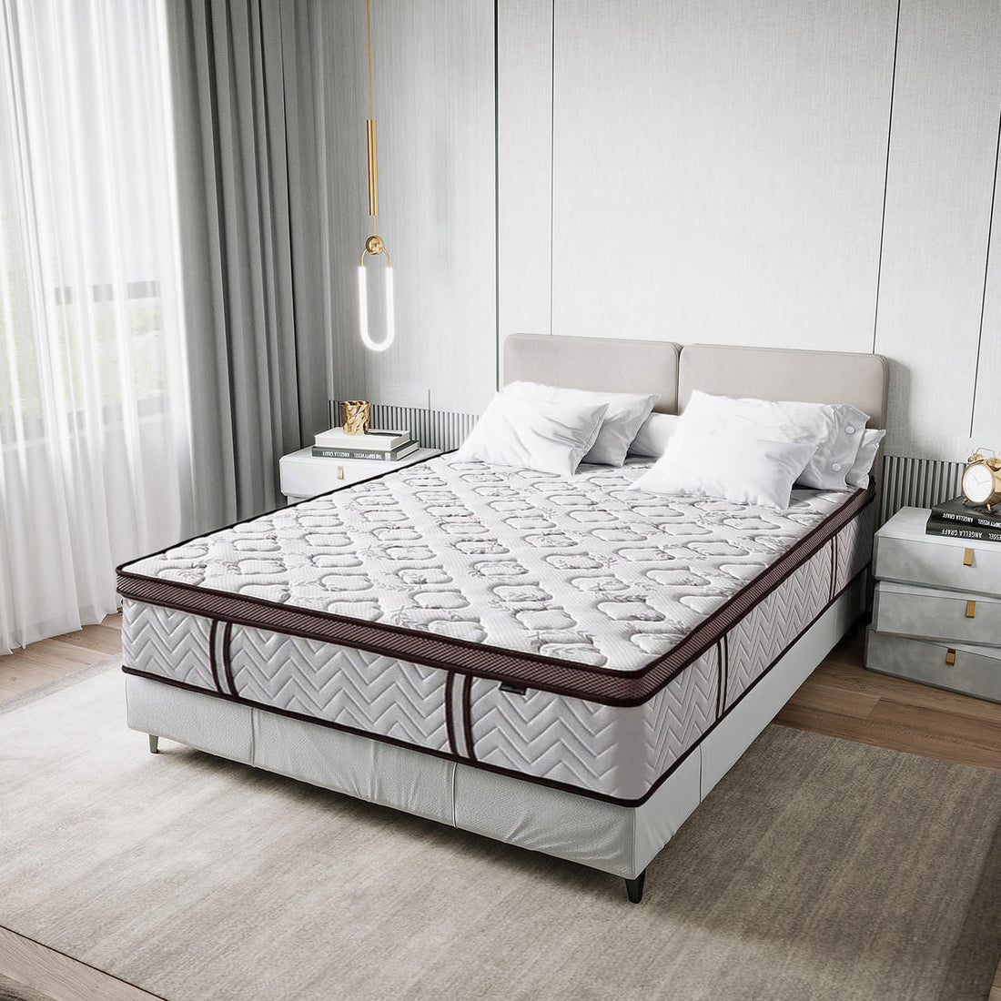 Selene Queen Euro Top Latex Mattress with quilted white top and brown trim on upholstered bed base