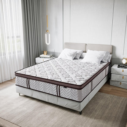 Selene Queen Euro Top Latex Mattress with quilted white top and brown trim on upholstered bed base