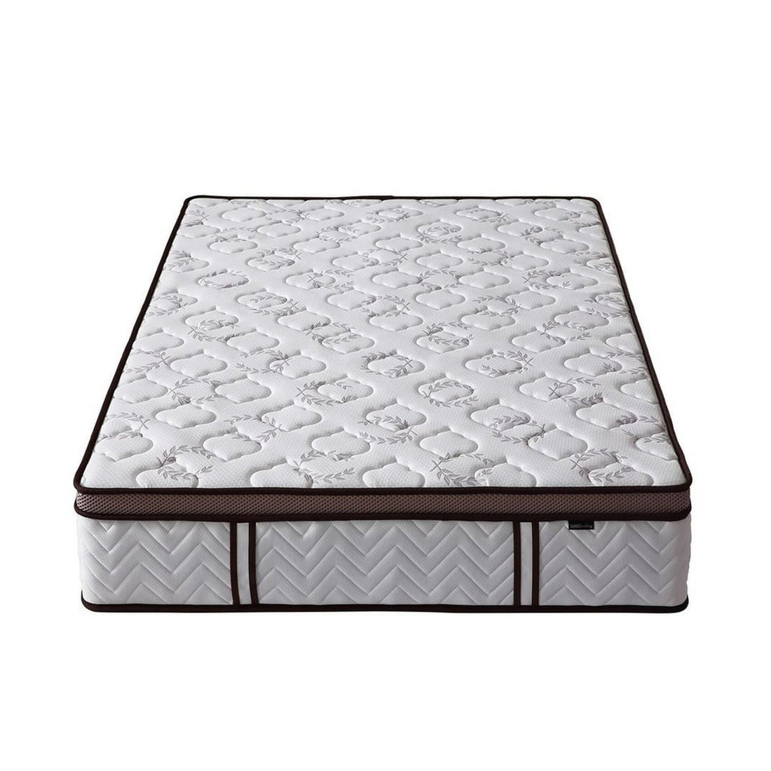 Selene Queen Euro Top Latex Mattress with quilted white top, brown trim, and chevron-patterned sides