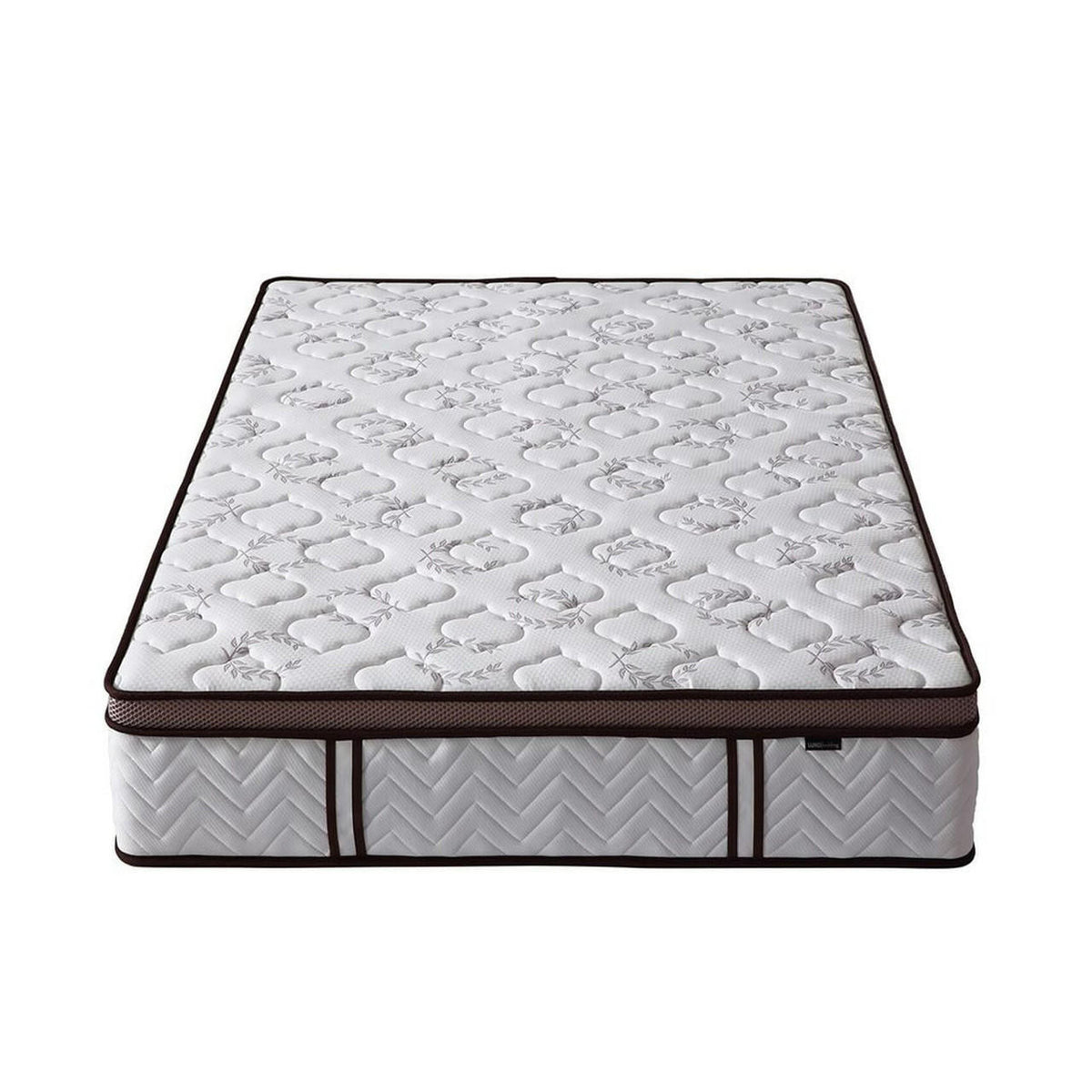 Selene Queen Euro Top Latex Mattress with quilted white top, brown trim, and chevron-patterned sides