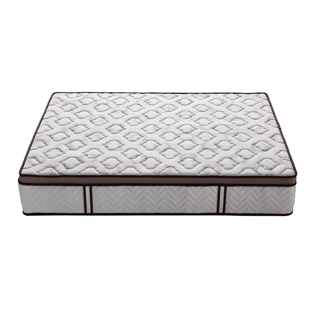 Selene Queen Euro Top Latex Mattress with quilted white top, brown trim and chevron-patterned sides, 30cm medium firm
