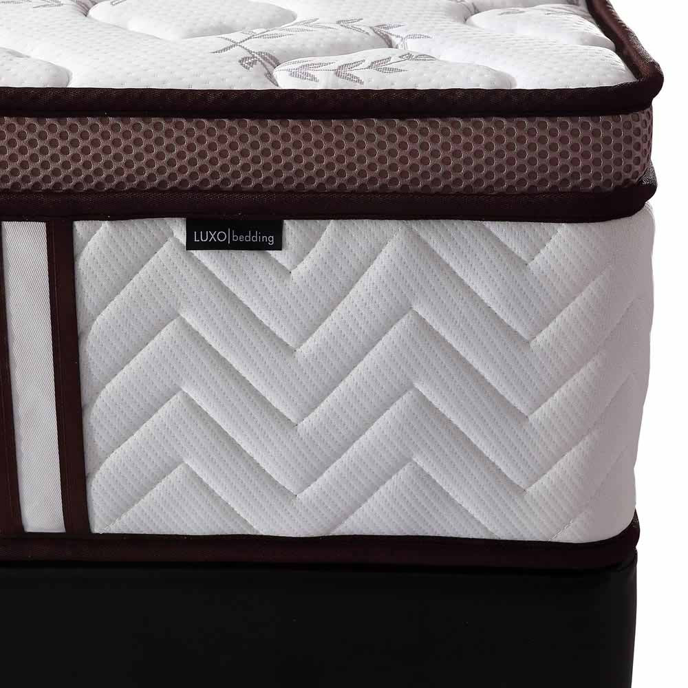 Close-up of LUXO bedding Selene mattress showing euro top, brown mesh border, and white chevron-patterned side panel