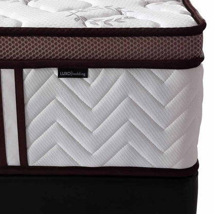Close-up of LUXO bedding Selene mattress showing euro top, brown mesh border, and white chevron-patterned side panel