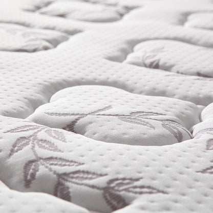 Close-up of quilted euro top mattress surface with leaf pattern embroidery and tufted cushioning