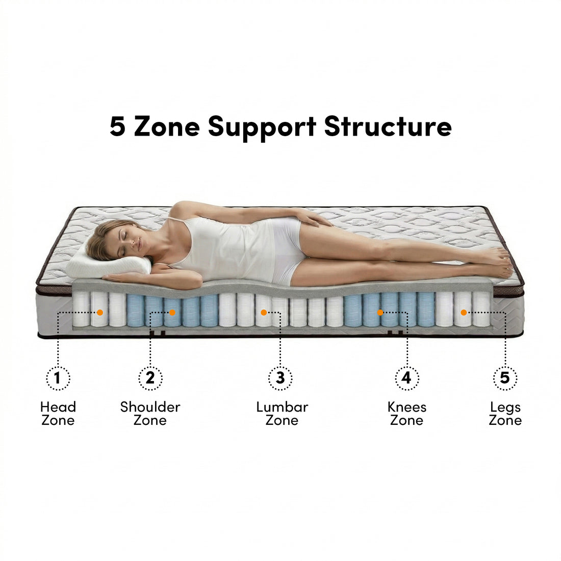 Cross-section of Selene Queen mattress showing 5 Zone Support Structure with head, shoulder, lumbar, knees and legs zones