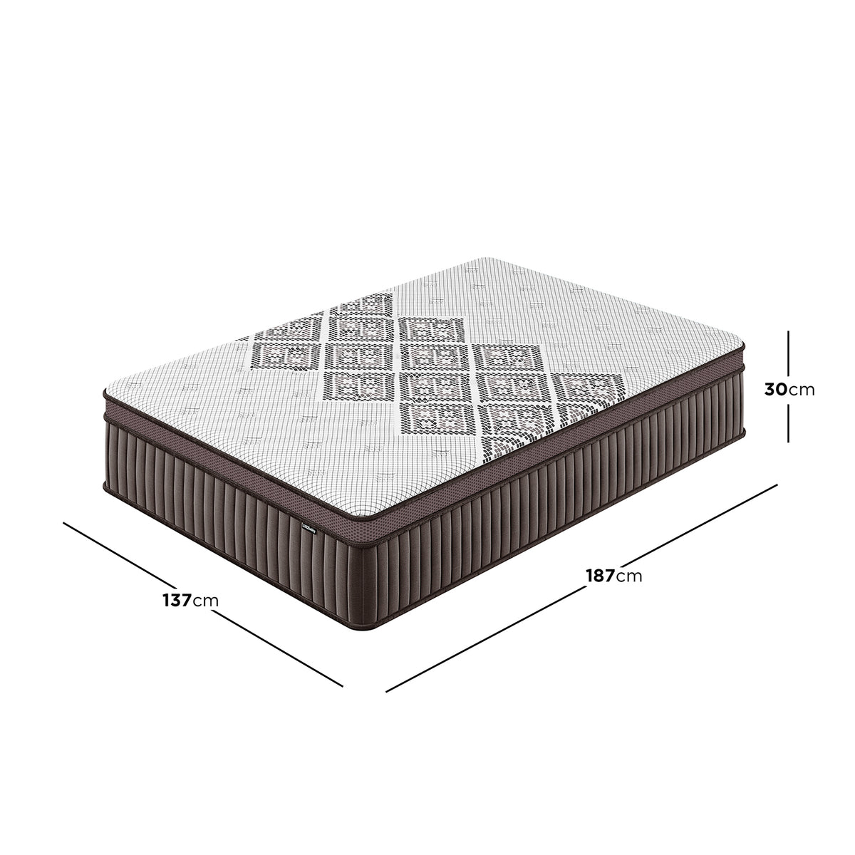 Thalia Double 30cm Memory Foam Pocket Spring Mattress, white-topped with geometric pattern and dark-brown quilted sides, dimensions shown: 187cm x 137cm x 30cm, highlighting its supportive, medium-firm construction.
