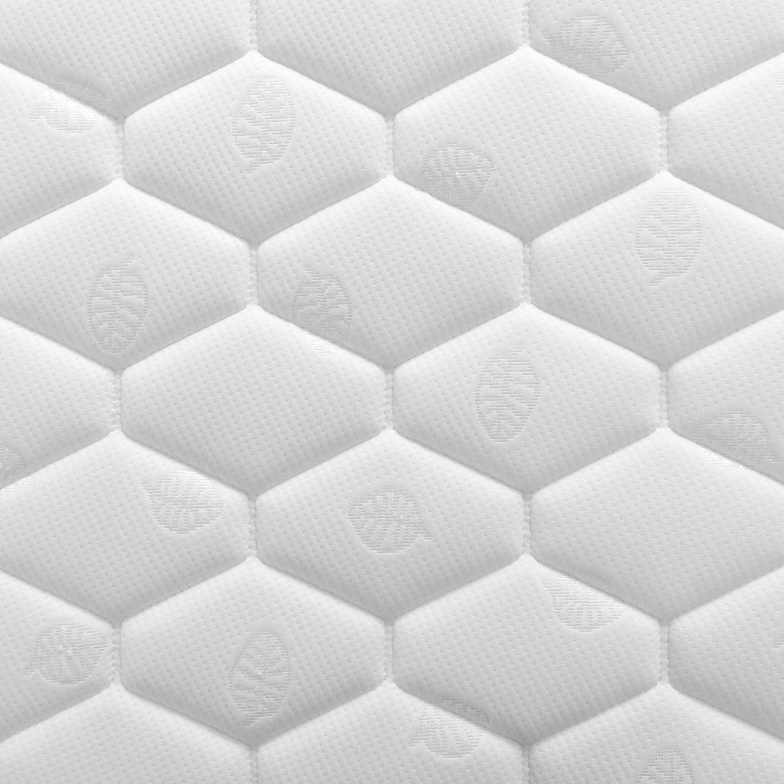 Close-up of the Thermis Single 15cm Hypoallergenic Mattress in Medium Firm, showcasing its quilted cover with a hexagonal pattern and leaf-like embossing, emphasizing comfort and support.