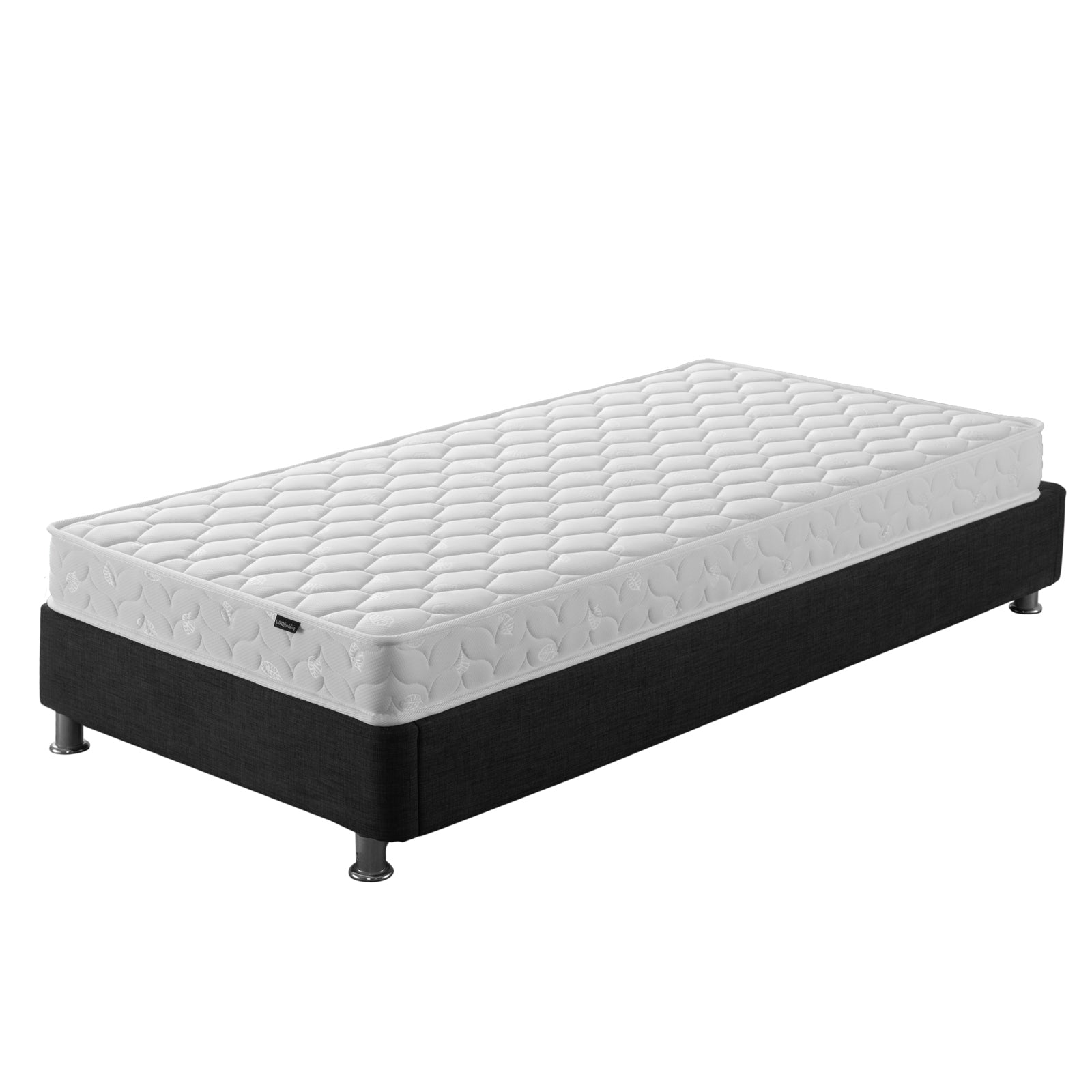 Thermis Single 15cm Hypoallergenic Mattress in Medium Firm on a black platform base with metal legs, featuring a quilt-patterned surface, offering a supportive, breathable design ideal for comfort and relaxation.