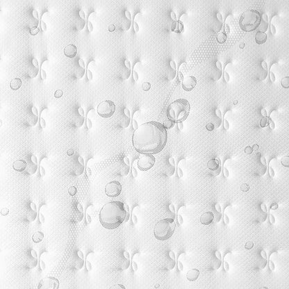Thetis Queen 25cm Pocket Spring Latex Mattress in Med Firm, showcasing a white quilted surface with embossed floral motifs and printed circles, highlighting its textured design for enhanced comfort and support.