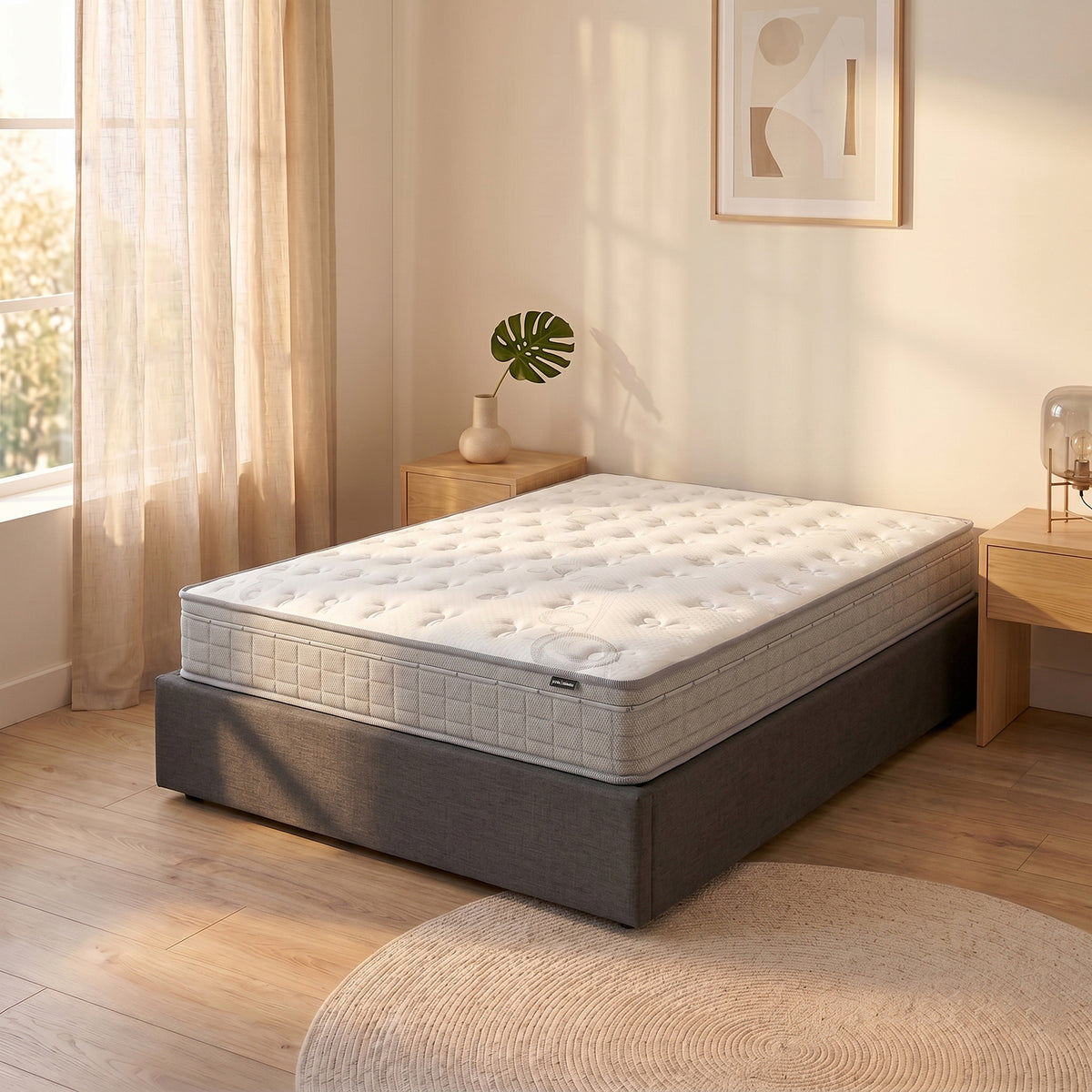 Thetis Queen 25cm Pocket Spring Latex Mattress in Med Firm with quilted white top, tufted pattern and light grey sides on a