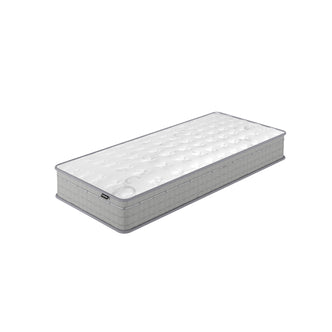 Thetis Single 25cm Pocket Spring Latex Mattress in Med Firm, features a white quilted-top with light gray sides, displayed on a plain white background, highlighting its medium-firm comfort and pocket spring support.