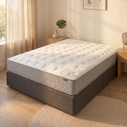 Thetis Super King 25cm Pocket Spring Latex Mattress with quilted white top and light grey side panels on a grey upholstered