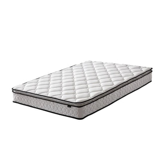 Luxo Venus Double Firm Pocket Spring Pillow Top Mattress with quilted white top, black piping, and diamond-patterned side