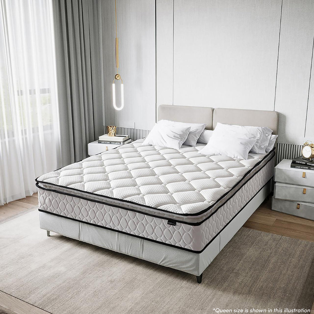 Luxo Venus Double Firm Pocket Spring Pillow Top Mattress with quilted white top and reinforced edge support on upholstered