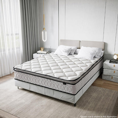 Luxo Venus Double Firm Pocket Spring Pillow Top Mattress with quilted white top and reinforced edge support on upholstered