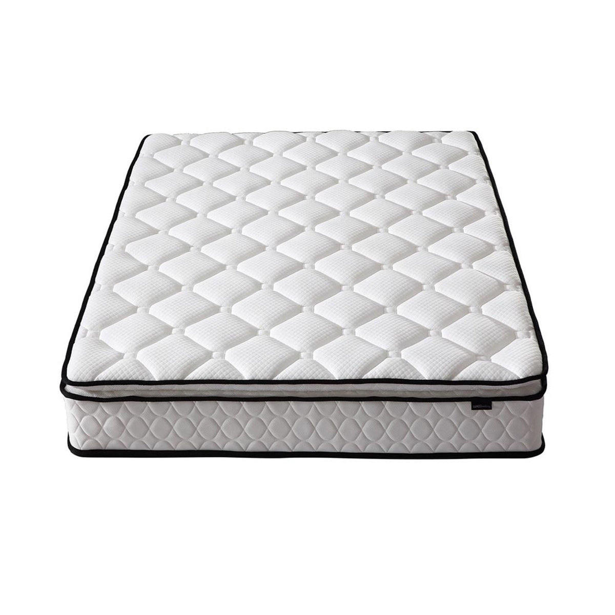 Luxo Venus Double Firm Pocket Spring Pillow Top Mattress with quilted white top, black piping, and reinforced edges
