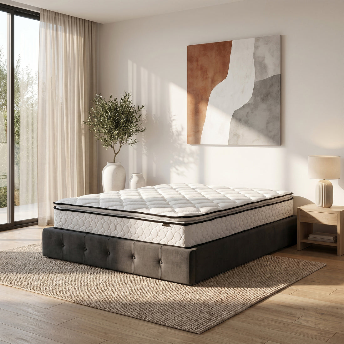 Venus Queen 23cm pillow top pocket spring mattress with firm support on upholstered bed base