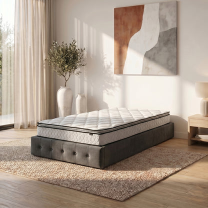 Venus Single 23cm Pillow Top Pocket Spring Mattress in Firm on grey upholstered base