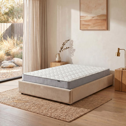 Vesta Double 20cm Medium Firm Pocket Spring Latex Mattress on beige upholstered bed base