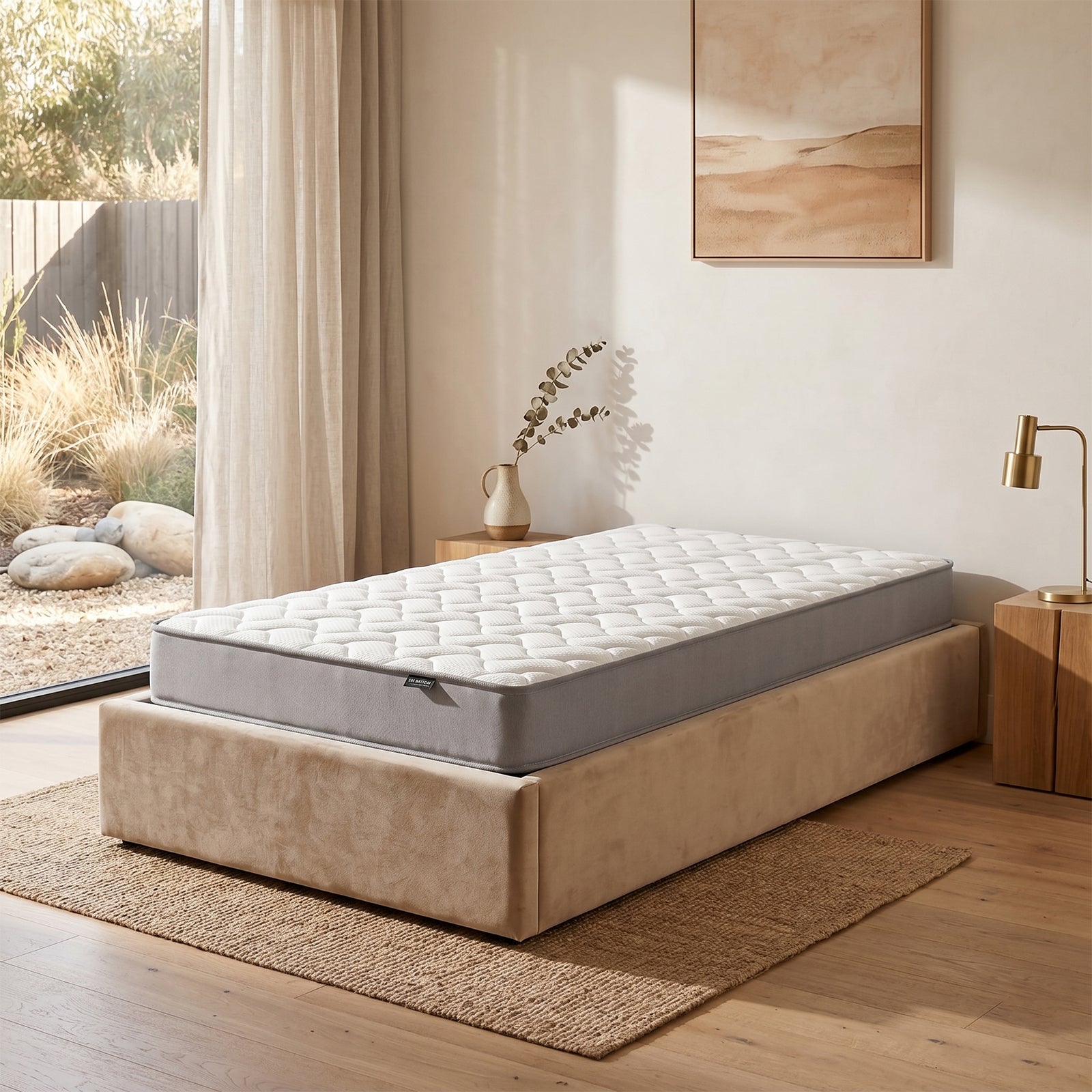Vesta Single 20cm Pocket Spring Latex Mattress in Medium Firm with white quilted top and grey base on beige upholstered bed