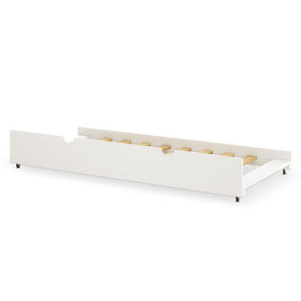 Narell Single Solid Wood Pull-Out Trundle Bed in White, featuring a low-profile frame with caster wheels, slatted base, and cut-out handle for easy access. Perfect for compact spaces and extra sleeping needs.