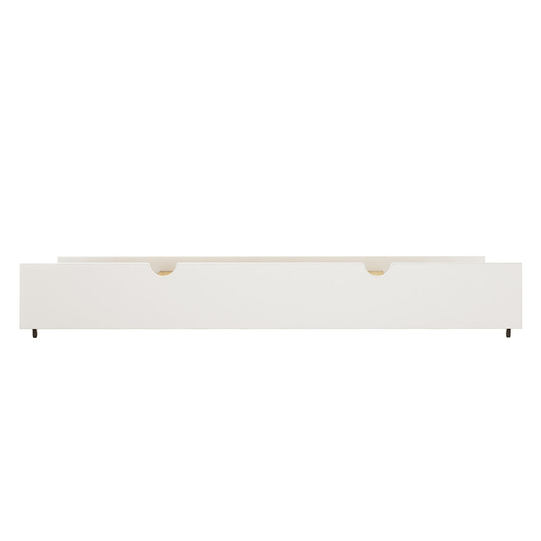 Narell Single Solid Wood Pull-Out Trundle Bed in White, featuring a long, low-profile design with two semicircular cut-out handles and caster wheels for easy sliding under a taller bed.