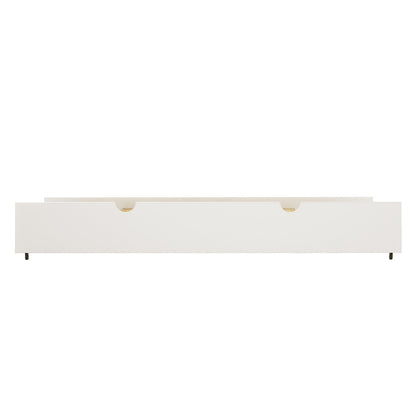 Narell Single Solid Wood Pull-Out Trundle Bed in White, featuring a long, low-profile design with two semicircular cut-out handles and caster wheels for easy sliding under a taller bed.